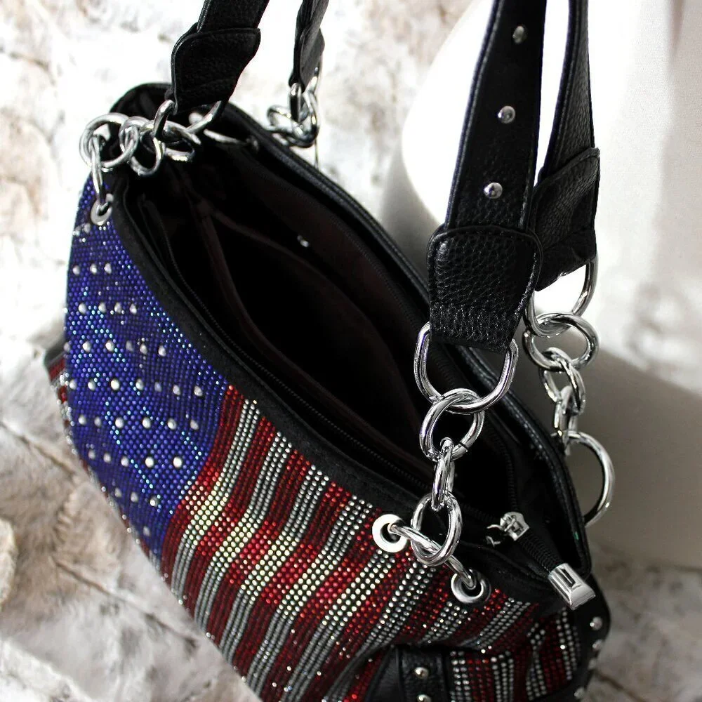 American Flag Red White Blue Rhinestone Bling Black Hobo Patriotic Handbag Bag